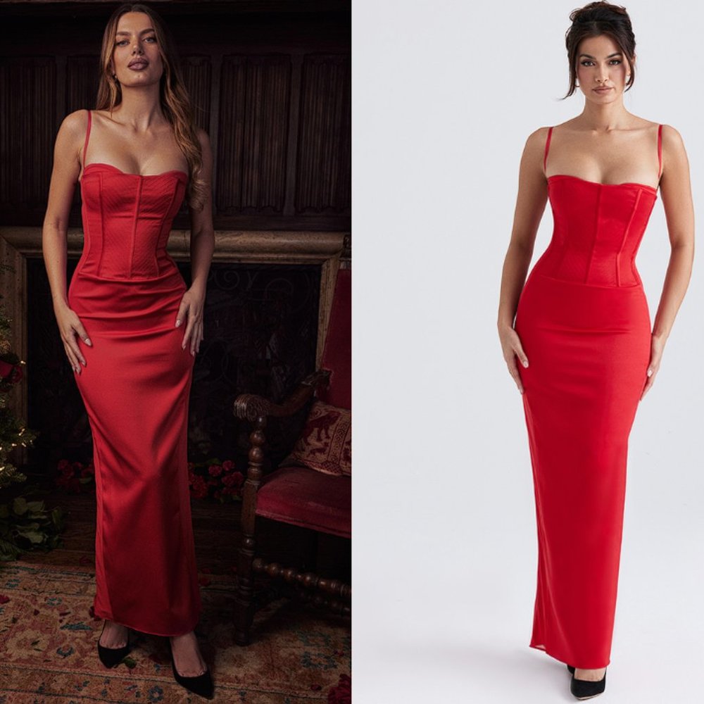 House of CB ‘Shani’ Red Satin Corset Maxi Dress NWT - Picture 3 of 13